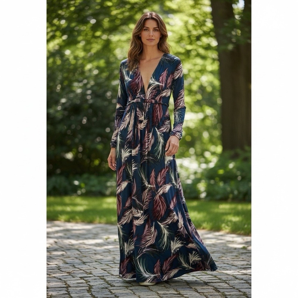 NEW Rachel Pally Long Sleeve Caftan Maxi Deep V Neck Dress Sz Small Feather - Picture 3 of 11